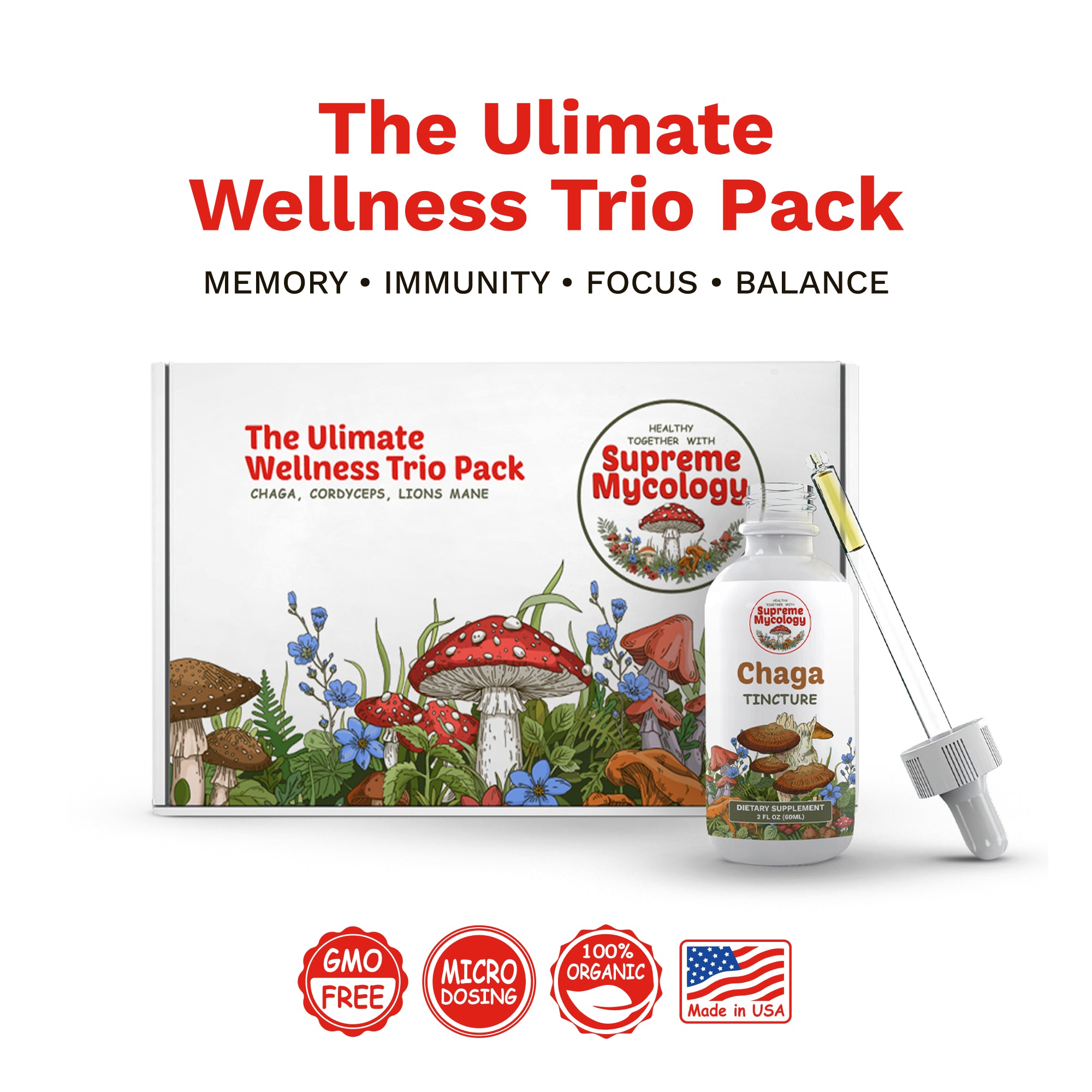 The Ultimate Wellness Trio Pack | Lion's Mane, Cordyceps & Chaga | 3 x 2oz